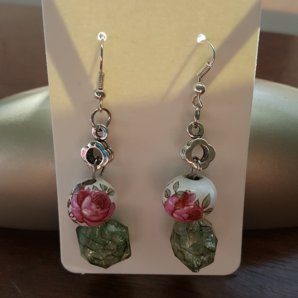 White 🌹 Porcelain/ Hand-painted/ Beaded Earrings